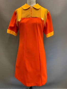 NO LABEL, Red-Orange, Orange, Mustard Yellow, Polyester, Solid, S/S, C.A., Chest Zipper with Buttons, Textured Collar/ Chest/ Sleeve, Back Zipper