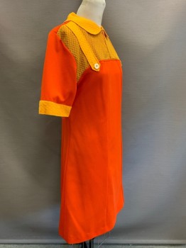 NO LABEL, Red-Orange, Orange, Mustard Yellow, Polyester, Solid, S/S, C.A., Chest Zipper with Buttons, Textured Collar/ Chest/ Sleeve, Back Zipper