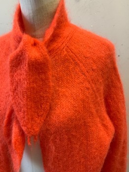 Womens, Sweater, BASEL, Coral Orange, Mohair, Wool, Solid, M/L, Open Front, Neck Tie, Large Loop Knit