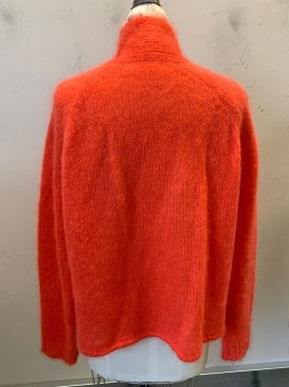 Womens, Cardigan Sweater, BASEL, Coral Orange, Mohair, Wool, Solid, M/L, Open Front, Neck Tie, Large Loop Knit
