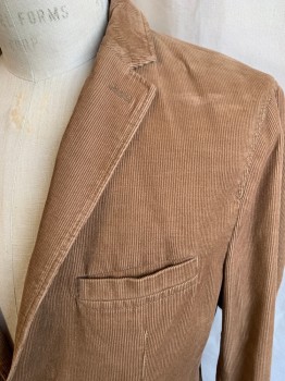 Mens, Sportcoat/Blazer, HUGO BOSS, Dk Khaki Brn, Cotton, Solid, 40R, Corduroy, Single Breasted, 2 Buttons, 4 Pockets, Notched Lapel, Double Vent, Leather Cording Trim, Regular Fit