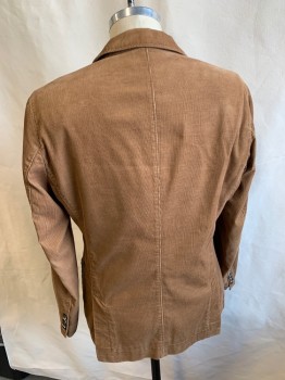 Mens, Sportcoat/Blazer, HUGO BOSS, Dk Khaki Brn, Cotton, Solid, 40R, Corduroy, Single Breasted, 2 Buttons, 4 Pockets, Notched Lapel, Double Vent, Leather Cording Trim, Regular Fit