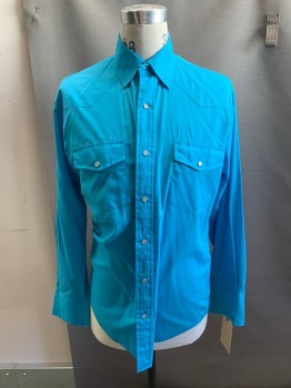 Mens, Western, ROPER, Turquoise Blue, Cotton, Polyester, Solid, M, Mults., L/S, Snap Front, C.A., 2 Pockets, Western Yoke