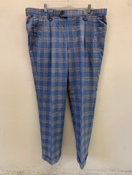 Mens, Suit, Pants, TIGLIO ROSSO, Cornflower Blue, Cream, Navy Blue, Wool, Plaid, Ins:32, W:42, Single Pleat, Button Tab, Belt Loops with Button Accent, 4 Pockets, Cuffed Hem