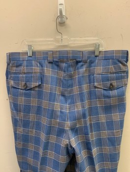 Mens, Suit, Pants, TIGLIO ROSSO, Cornflower Blue, Cream, Navy Blue, Wool, Plaid, Ins:32, W:42, Single Pleat, Button Tab, Belt Loops with Button Accent, 4 Pockets, Cuffed Hem