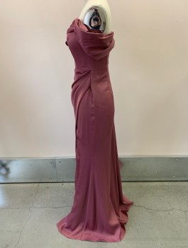 Womens, Evening Gown, ASOS, Mauve Purple, Polyester, Solid, B:28, 0, W:22, Satin Crepe, Zip Back, Invisible Zipper, Off The Shoulder, Pleated And Tucked Sleeve, Asymmetrical Drape, High Slit