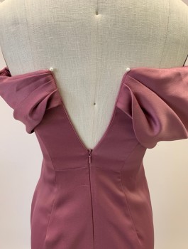 Womens, Evening Gown, ASOS, Mauve Purple, Polyester, Solid, B:28, 0, W:22, Satin Crepe, Zip Back, Invisible Zipper, Off The Shoulder, Pleated And Tucked Sleeve, Asymmetrical Drape, High Slit