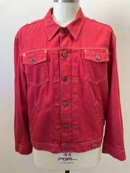 GUESS, Red, Cotton, C.A., B.F., L/S, 4 Pckts, Tan Stitching