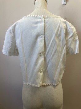 N.L., Off White, Floral Embroidery, Boat Neck, S/S, Lace Trim, Back Btns