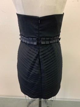 Womens, Cocktail Dress, BCBG, Black, Polyester, Spandex, 4, Strapless, Diagonal Tuck Pleats, Draped Center, Hem Above Knee