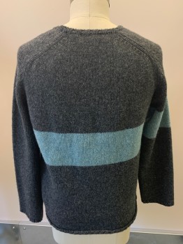 Mens, Pullover Sweater, LLUIS GENERO, Charcoal Gray, Sea Foam Green, Wool, Color Blocking, C: 46, L, L/S, Crew Neck,