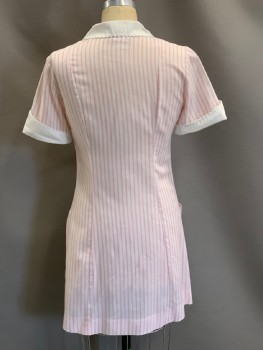 WHITE SWAN, Pink, Off White, Polyester, Cotton, Stripes - Vertical , Solid, Uniform, C.A., S/S, Collar & Cuffs with Rick Rack Trim, Zip Front, 3 Pckts, Hem Above Knee