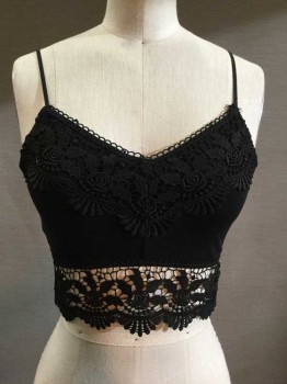 Womens, Top, TopShop, Black, Cotton, Polyester, Solid, 2, V-neck, Black Lace Trim, Spaghetti Strap, Cropped