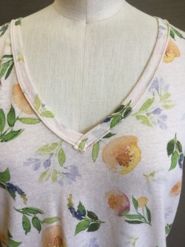 T. LA, Beige, Yellow, Orange, Green, Purple, Polyester, Cotton, Floral, Heather Beige with Water Color Yellow, Orange, Lime, Green Floral Print, V-neck, Overlap V-back, Cap Sleeves,  Uneven Hem