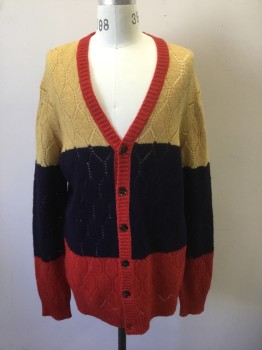 Mens, Cardigan Sweater, GUCCI, Mustard Yellow, Navy Blue, Red, Wool, Color Blocking, Geometric, M, Hexagon Textured/Patterned Knit, Colorblocked with Mustard Top Half, Navy Center, and Red Bottom with Red Trim at Button Placket, 6 Button Front, Long Sleeves