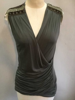 WILSTER, Sage Green, Bronze Metallic, Silver, Black, Brown, Viscose, Beaded, Solid, Sleeveless, Jersey, Plunging Surplice Neck, Beading and Chain Detail At Each Shoulder, Ruched At Side