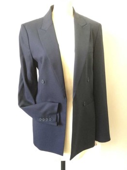 Womens, Blazer, THEORY, Navy Blue, Wool, Solid, 8, Double Breasted, Peaked Lapel, 3 Pockets, Partial Lining, Faux Buttons, No Closures,