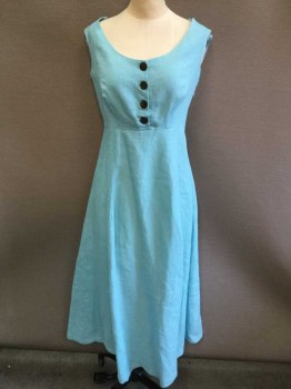 Womens, Dress, Sleeveless, MARA HOFFMAN, Turquoise Blue, Linen, Solid, 6, DRESS:  Turquoise , Scoop Neck, Sleeveless, 4 Large Brown Button Front, Side Zip, 3/4Length, See Photo Attached,