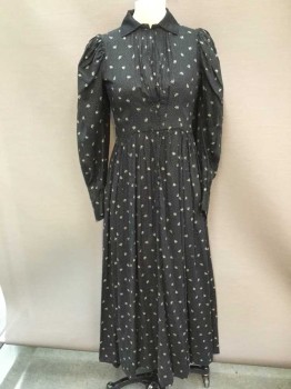 N/L, Black, Ecru, Tan Brown, Polyester, Cotton, Polka Dots, Floral, Black W/tiny Polka Dots & Ecru Flower Print, Solid Black Collar Attached, Small Vertical Pleat Yoke Front W/hook & Eye Closure and Snap Front, Gathered High Waistline, Pleat "V" Design Back,3/4 Length, Flair Bottom,