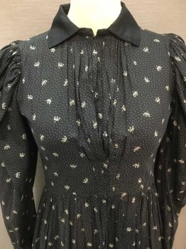 N/L, Black, Ecru, Tan Brown, Polyester, Cotton, Polka Dots, Floral, Black W/tiny Polka Dots & Ecru Flower Print, Solid Black Collar Attached, Small Vertical Pleat Yoke Front W/hook & Eye Closure and Snap Front, Gathered High Waistline, Pleat "V" Design Back,3/4 Length, Flair Bottom,
