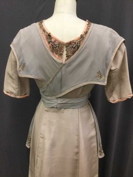 MTO, Taupe, Pink, Lt Gray, Silk, Floral, Made To Order, Short Sleeve,  Classic 'Greecian Style' Dress, Light Chiffon Wrap Collar with Floral Appliqué Motif, Wrap Belt with Right Side Rosette with Ball Detail, Light Chiffon Apron Front with Floral Motif, Light Coral Pink Neck Yoke with Floral Appliqué Motif, Silk Faille Body with Train, Taupe and Light Coral Pink Ribbons Twist About The Bottom Of The Sleeves, Condition Good, A Few Mended Holes In The Skirt,