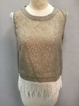 ASTR, Taupe, Off White, Gold, Polyester, Polka Dots, Taupe with Gold Metallic Polka Dot Burnout Chiffon, Sleeveless, Off White Crochet with Zig Zag Edge, Round Neck