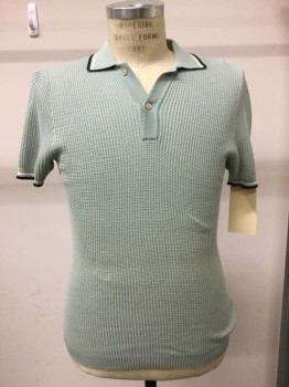 Fred Perry, Mint Green, Navy Blue, White, Cotton, Cotton Waffle Knit, Navy/white Trim, Short Sleeve,  Double