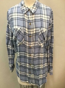 Womens, Blouse, LUCKY BRAND, Lt Blue, Navy Blue, White, Cotton, Plaid, M, Flannel, Long Sleeve Button Front, Collar Attached, 2 Pockets
