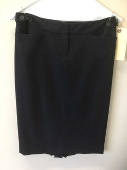Womens, Skirt, Knee Length, CLUB MONACO, Navy Blue, Lt Gray, Wool, Spandex, Stripes, 0, Navy with Lt Gray Pinstripe, Front Zip, 2 Pockets, Kick Pleat at Back, Button Tabs at Waist