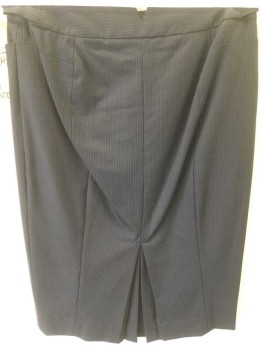 Womens, Skirt, Knee Length, CLUB MONACO, Navy Blue, Lt Gray, Wool, Spandex, Stripes, 0, Navy with Lt Gray Pinstripe, Front Zip, 2 Pockets, Kick Pleat at Back, Button Tabs at Waist