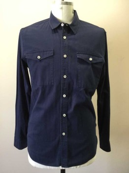 TOPMAN, Navy Blue, Cotton, Solid, Button Front, Long Sleeves, Collar Attached, 2 Flap Pockets
