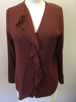 Womens, Blouse, MOSSIMO, Sienna Brown, Polyester, Solid, L, Crepe, Long Sleeves, V-neck with Diagonal Ruffled Column Cross Front, Pullover