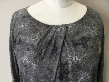 JONES NY , Gray, Black, Tan Brown, Off White, Polyester, Mottled, Novelty Pattern, Gray W/black, Off White, Tan Mottled Abstract Floral Print, Big Round Neck with 1 Slant Gathered Pleat Front Center Long Sleeves,