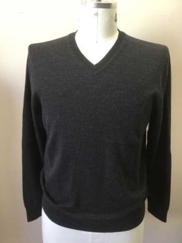 Mens, Pullover Sweater, BROOKS BROTHERS, Charcoal Gray, Wool, Solid, L, Ribbed Knit V-neck/Cuff/Waistband