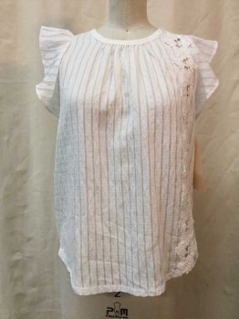 A NEW DAY, White, Synthetic, Solid, White, Self Texture Stripe, White Floral Appliqué, Crew Neck, Ruffle Cap Sleeve