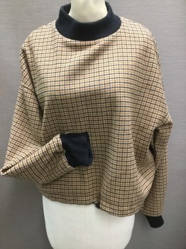 BERSHKA, Tan Brown, Goldenrod Yellow, Black, Polyester, Acrylic, Houndstooth, Long Sleeves, Pullover, Mock Turtle Neck Black Rib Knit and Cuffs, Drawstring Waist