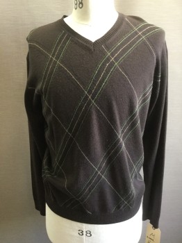 Mens, Pullover Sweater, HAROLD POWELL, Espresso Brown, Lime Green, Tan Brown, Black, Gray, Wool, Argyle, Stripes - Diagonal , M, V-neck, Long Sleeves,