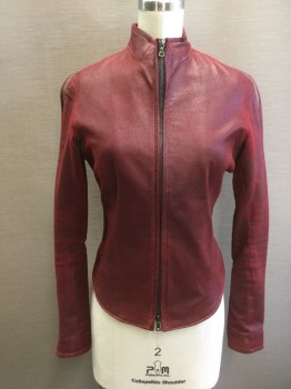 Womens, Leather Jacket, MTO, Dk Red, Leather, Solid, S, Made To Order, Fitted, Zip Front, Black Stripe Shoulder Down Sleeve, C.A., Zip Cuff, Black Leather Stripe Down 1/2 Center Back