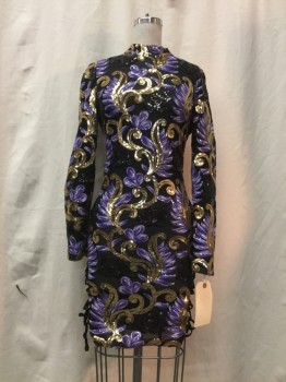 Womens, Cocktail Dress, HOUSE OF CB, Black, Gold, Purple, Synthetic, Sequins, Novelty Pattern, S, Sheer Black Net, Black/purple/gold Sequin Novelty Print, Zip Back, Mock Neck, Long Sleeves, Black Lace Up Sides