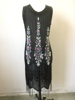 Womens, Cocktail Dress, ICONIC, Black, Floral, B: 38, Chiffon with Black Beading and Lt Blue/Mint/Pink Floral Beading, Black Beaded Tassels Fringe, Sleeveless, V-neck, 1920's Style, Flapper, Jagged Hem, ****Some Fringe Missing and Tattered Especially in Back** See Detail Photo,