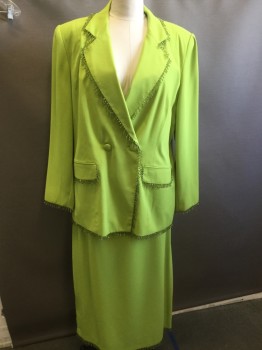 BEN MARC INTER., Lime Green, Polyester, Solid, Poly Crepe, Lime Bead Fringe Trim, Notched Lapel, Double Breasted, Pocket Flaps