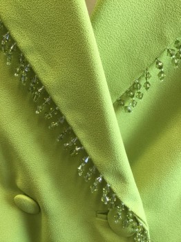 BEN MARC INTER., Lime Green, Polyester, Solid, Poly Crepe, Lime Bead Fringe Trim, Notched Lapel, Double Breasted, Pocket Flaps