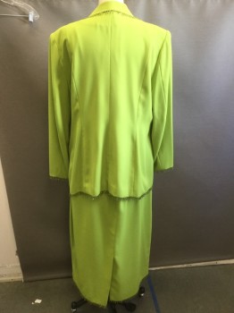 Womens, 1990s Vintage, Suit, Jacket, BEN MARC INTER., Lime Green, Polyester, Solid, W: 38, B:50, Poly Crepe, Lime Bead Fringe Trim, Notched Lapel, Double Breasted, Pocket Flaps