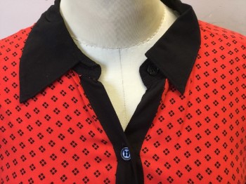 SPLENDID, Red, Black, Rayon, Diamonds, Solid Black Collar Attached and Front Center, 1 Pocket, 3/4 Sleeves with Short Belt & 1 Button, Curved Hem