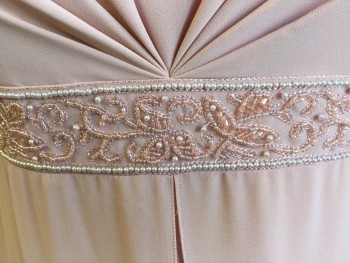 Womens, Evening Gown, MICHAELANGELO, Dusty Pink, Polyester, Solid, B 38, 14, W 32, Polyester /Chiffon, Empire Waist, Spaghetti Straps, Bodice Has CF fan Pleating, 1.5"band Of Light Pink Pearls And Pink Crystal Bead Work At Waist, Chiffon Overlay Skirt With CF Split, CB Zipper