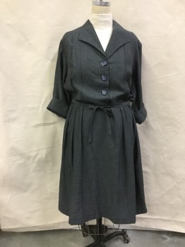 MTO, Dk Gray, Charcoal Gray, Rayon, Check , Shirtwaist, 3 Buttons, 3/4 Sleeves Cuffed, Shawl Collar Split in Back, Pleated Skirt, 2 MATCHING TIE BELTS, 1 Large 1 Extra Large