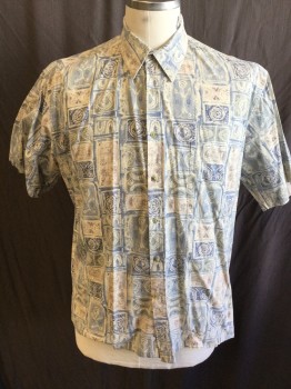PIERRE CARDIN, Beige, Black, Lt Blue, Gray, Cotton, Novelty Pattern, Square /rectangle Pattern with Hieroglyphics, Button Front, Collar Attached, Short Sleeves,