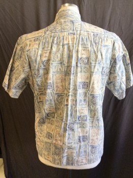 PIERRE CARDIN, Beige, Black, Lt Blue, Gray, Cotton, Novelty Pattern, Square /rectangle Pattern with Hieroglyphics, Button Front, Collar Attached, Short Sleeves,
