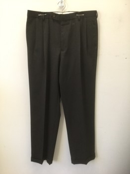 BROOKS BROTHERS, Dk Brown, Wool, Solid, Twill, Double Pleated, Button Tab Waist, Zip Fly, 4 Pockets, Relaxed Leg, Cuffed Hems, 90's/00's
