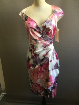 Womens, Cocktail Dress, MAGGY LONDON, Silver, Black, Pink, Purple, Peach Orange, Polyester, Spandex, Floral, 4, V-neck, Gathers at Side, Cap Sleeve, Keyhole Back *missing Button, Back Zip